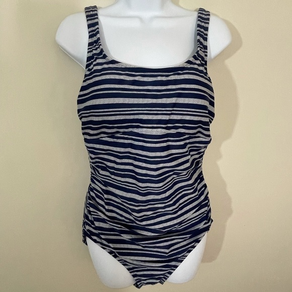 Merona sz lg navy stripe swimsuit stretchy cord - Picture 1 of 8
